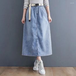 Skirts 2024 Spring Autumn Women Elastic Waist Vintage Blue Loose A-line Skirt All-matched Casual Cotton Denim Long V791