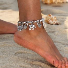 Cavigliere vintage in oro e argento per donne Ciondoli con ciondolo elefante Catena con catena da spiaggia Bracciale alla caviglia estivo con gioielli interi278t