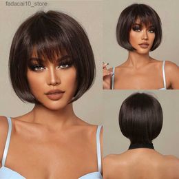 Synthetic Wigs 30% Human Hair Blend Synthetic Fiber Women Bob Short Wigs Natural Dark Brown Straight Wig Heat Resistant Daily Use Cosplay Wig Q240115
