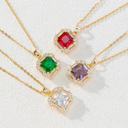 Pendant Necklaces Retro Colorful Square Crystal Necklace For Women Stainless Steel Link Chain Green White Red Purple CZ Wedding Gift