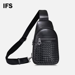 Luxury Design Fashion Versatile Knitted Genuine Leather Chest Bag for Men's Simple Business Bag with Adjustable Length Shoulder Strap 1726 Black