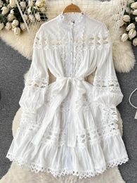 Spring Summer White Blue Black Mini Dress Women's Stand Long Lantern Sleeve Flower Emboridery Hollow Out Lace Up Loose Vestidos 240113