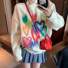 Women's Sweaters High Street Women Colourful Love Print Sweater For Girls Loose Broken Hole Oversized Jumpers Harajuku Couples Warm Winter