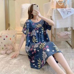 Women's Sleepwear Casual Printed Nightgown Floral Print Summer Nightdress With Round Neck Short Sleeves A-line Pleated Hem Knee Length