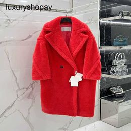 Designer Maxmaras Teddy Bear Coat Womens Cashmere Coats Wool Winter 2024 New Raspberry Red Fur Particle Camel Fleece Mid Length Hig