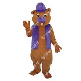 Halloween Fursuit Beaver In Purple Hat Mascot Costume Unisex Cartoon Anime theme character Carnival Men Women Dress Christmas Fancy Performance Party Dress