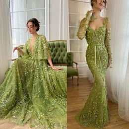 Green A Line Evening Dresses V Long Sleeves High Neck Prom Dress 3D Flowers Beads Special Ocn Gowns
