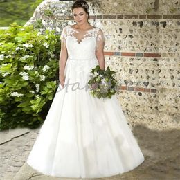 Plus Size Cape Sleeves Wedding Dress Sheer Neck A Line Country Bride Dress Appliques Lace Backless Bridal Gowns Elegant Abiti Da Sposa Vestios De Novias