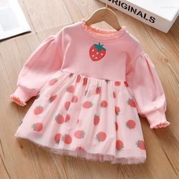 Girl Dresses 2024 Autumn Girls Long-sleeved Dress Cute Baby Strawberry Printed Mesh Skirt Children's Little Clothes