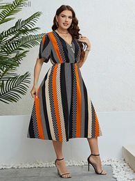 Basic Casual Dresses Cheap Women Plus Size Midi Dresses 2023 New Summer Casual Elegant A-Line V-Neck Short Sleeve Stripe Stitch Boho Holiday Clothing YQ240115