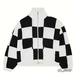 Cole Buxton Jacket Men's Jackets GYM Cole Buxton Sweater High Street 1 1 Black And White Checkerboard Bi-Directional Zipper Stand Neck Sweater Coat S-Xl 9018