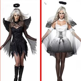 White Black Devil Fallen Angel Costume Women Sexy Halloween Party Clothes Adult Costumes Fancy Dress Head Wear Wing286I