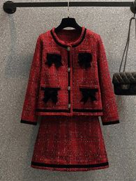 Christmas Autumn Winter Red Wool 2 Piece Set Women Black Bowknot Single Breasted Pocket Tweed Jacket Coat Mini Skirt Suit 240113