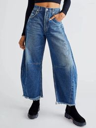 Women's Jeans Women Spring Summer Loose Cropped Tasseled Midi Waist Baggy Wide Leg Vintage Boyfriend Tapered Washed Denim Pants