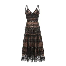 Casual Dresses F&C Women Lace Maxi Dress Sexy Spaghetti Strap V-neck Hollow Out Empire Waist Vintage Elegant Beach Party