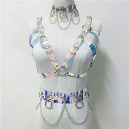 Sexy Costumes Gothic Handmade Holographic PVC 3 Piece Set Women Collar Choker Sexy Crop Top Link Chain Waist Belt Rave Festival Ma294q