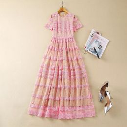 2024 Spring Pink Solid Colour Dress Short Sleeve Round Neck Tulle Panelled Long Maxi Casual Dresses A4J121440