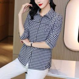 Women's Jackets Elegant Plaid Print Loose Turn Down Collar Cotton Button Up Shirt Women Fashion Casual Half Sleeve All Match Ladies Tops Blouses YQ240115