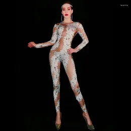 Stage Wear Sparkly AB Crystals White Printed Jumpsuit Women Sexy Leggings Birthday Party Outfit Nightclub Performance Dance Costume