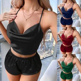 Women's Sleepwear Women Sexy Home Clothes Satin Spaghetti Strap Low Cut Backless Lace Up Pyjamas Set With Short Sleep Trousers Homewear