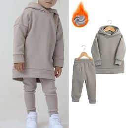 2pcs Boys Girls Children's Fleece Clothes Outwear Sets Autumn Winter Kids Hooded Sweatshirt Tracksuit Sportwear Suit For 2-12Y 240115