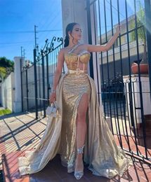 Glitter Gold Mermaid Prom Dresses 2024 Sexy Side Slit Shiny Beading Sequins Birthday Party Banquet Dance Evening Gowns Vestidos 322