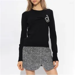 Women's Sweaters 2024 Spring Round Neck Stretch Slim Metal Plate Decorated Long Sleeve Sweater High Quality Fashion Casual T-Shirt