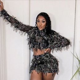 Two Piece Dress See Through Patchwork Women 2 Piece Set Elastic Tassel Thin Crop Tops+Skinny Skirts Matching Midnight Party Clubwear