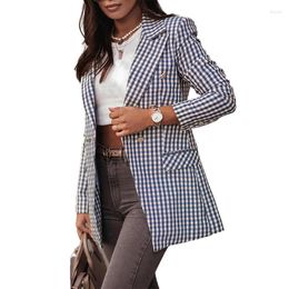 Women's Suits Fashion And Elegant Coat For Spring Autumn Seasons With Flip Collar Plaid Double Breasted Slim Fit Suit