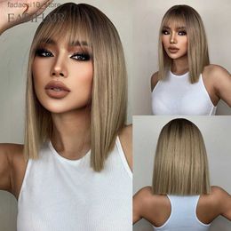 Synthetic Wigs EASIHAIR Brown to Blonde Ombre Synthetic Hair Wigs Short Bob Natural Wigs With Bangs for Women Heat Resistant Cosplay Wigs Q240115