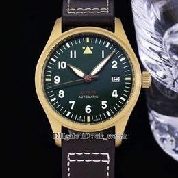 Top Quality 39mm Miyota 9015 Automatic Mens Watch Bronze IW326802 Olive Green Dial Brown Leather Gents Sport Watches201b