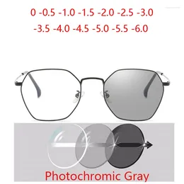 Sunglasses Literature Retro Polygonal Pochromic Prescription Eyeglasses Women Anti-blue Light Nearsighted Glasses Men 0 -0.5 -1.0 To -6