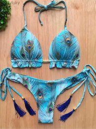 Swim Wear RUOTONGSEPT Sexy Micro Bikinis Set 2023 New Swimsuit Women Feather Print Bandage Swimwear Female Bathing Suit Brazilian BiquinisL240115