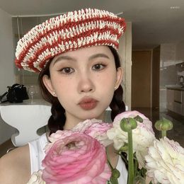 Berets Korean Handmade Straw Hat Personalized Striped Beret Women Fashion Spring And Summer Breathable Versatile Retro Painter Cap