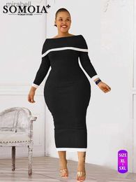 Basic Casual Dresses SOMOIA Plus Size Dress Simplicity Oversized Dress Casual Fashion Long Sleeve Off Shoulder One Neck Splice Slim Women's Dresses YQ240115