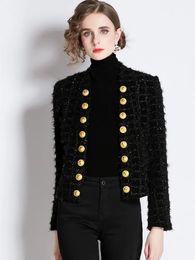 Autumn Winter Metal Double Breasted Tassel Bright Silk Wool Jacket Coat Women Black Tweed Short Cardigan Slim Outwear Top 240113