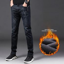 Men Winter Thermal Jeans Snow Warm Black Blue Stretch Straight Man Fleece Denim Long Pants Cool Quality Pencil Trousers 240113