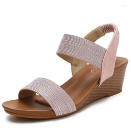 Sandals Summer Striped PU Leather Wedges For Women Girls Elastic Band Back Strap Side Hollow Shoes Round Toe Rome Plus Size 42