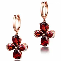 Dangle Earrings BIJOU RUBY GEMSTONES RED CRYSTAL CLIP ON DROP FOR WOMEN DIAMONDS PENDIENTES ROSE GOLD Colour BRINCOS Jewellery GIFT