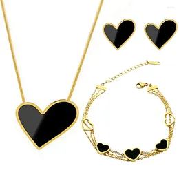 Necklace Earrings Set Stainless Steel Trend Black Big Heart PendantBracelet Stud Women's Wedding Jewellery