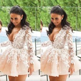 Neck Cheap V Mini Homecoming Dresses Long Sleeve Lace Applique Short Prom Dress Formal Party Evening Gowns