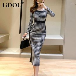 Casual Dresses Autumn Winter Square Collar Vintage Houndstooth Printing Bodycon Dress Female Long Sleeve Patchwork Waist Robe Women Vestidos