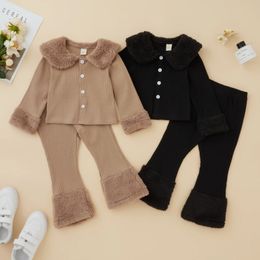 Toddler Baby Girls Knitted Tracksuits Casual Autumn Winter Lapel Button Long Sleeved Jacket Pants Children Plush Outwear Set 240113