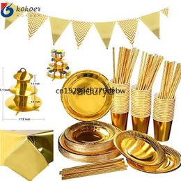 Disposable Dinnerware Gold Disposable Paper Plates Cups Straw napkins cakestand Tableware Sets for Adult Kids Birthday Party Supplies Gold Theme decorvaiduryd