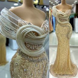 2024 Aso Ebi Gold Mermaid Prom Dress Pearls Crystals Sequined Evening Formal Party Second Reception Birthday Engagement Gowns Dresses Robe De Soiree ZJ47