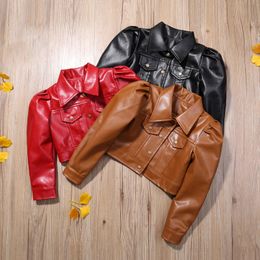 2-7Y Kids Girls PU Leather Jacket Baby Autumn Clothing Puff Long Sleeve Lapel Button Up Short Coat Children Fashion Outerwear 240115