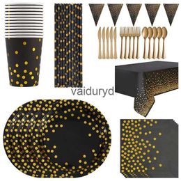 Disposable Dinnerware Stamping black polka dots disposable birthday party tableware sets paper cups paper plates pull flags decorative arrangementsvaiduryd