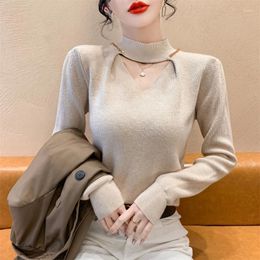 Women's Sweaters 2024 Fall Winter Korean Clothes Knitted Sweater Chic Sexy Mock Neck Hollow Out Shiny Beading Women Puff Sleeve Tops 41075