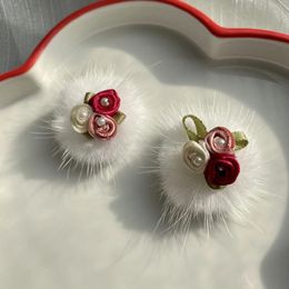 Dangle Earrings Autumn And Winter Xiaoxiangfeng Mink Hair Ball Vintage Gentle Contrast Coloured 3D Flower Earclip