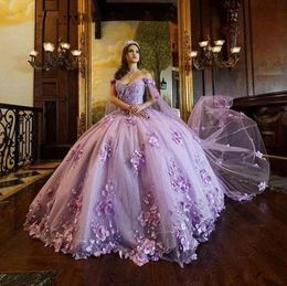 Lavender 3D Flowers Princess Quinceanera Dresses 2024 With Detached Cape Beads Crystal Sweet 16 Dress Vestido De 15 Anos Lace-Up